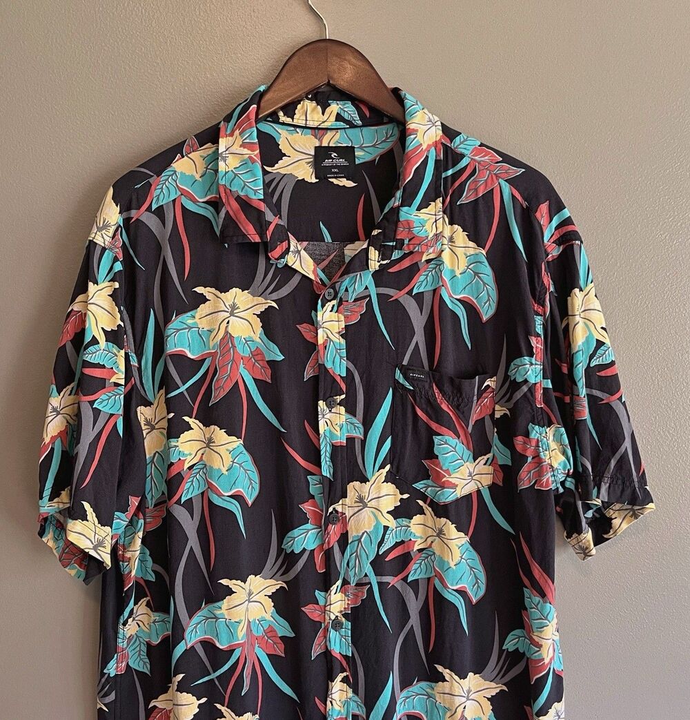 Rip Curl Men's XXL Black Floral Hawaiian Shirt Short Sleeve Button Up Summer 2XL